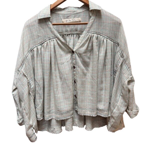 We the Free Rainbow Picnic Blouse Mini Plaid Check Button Down Peasant Cropped S - Picture 2 of 6